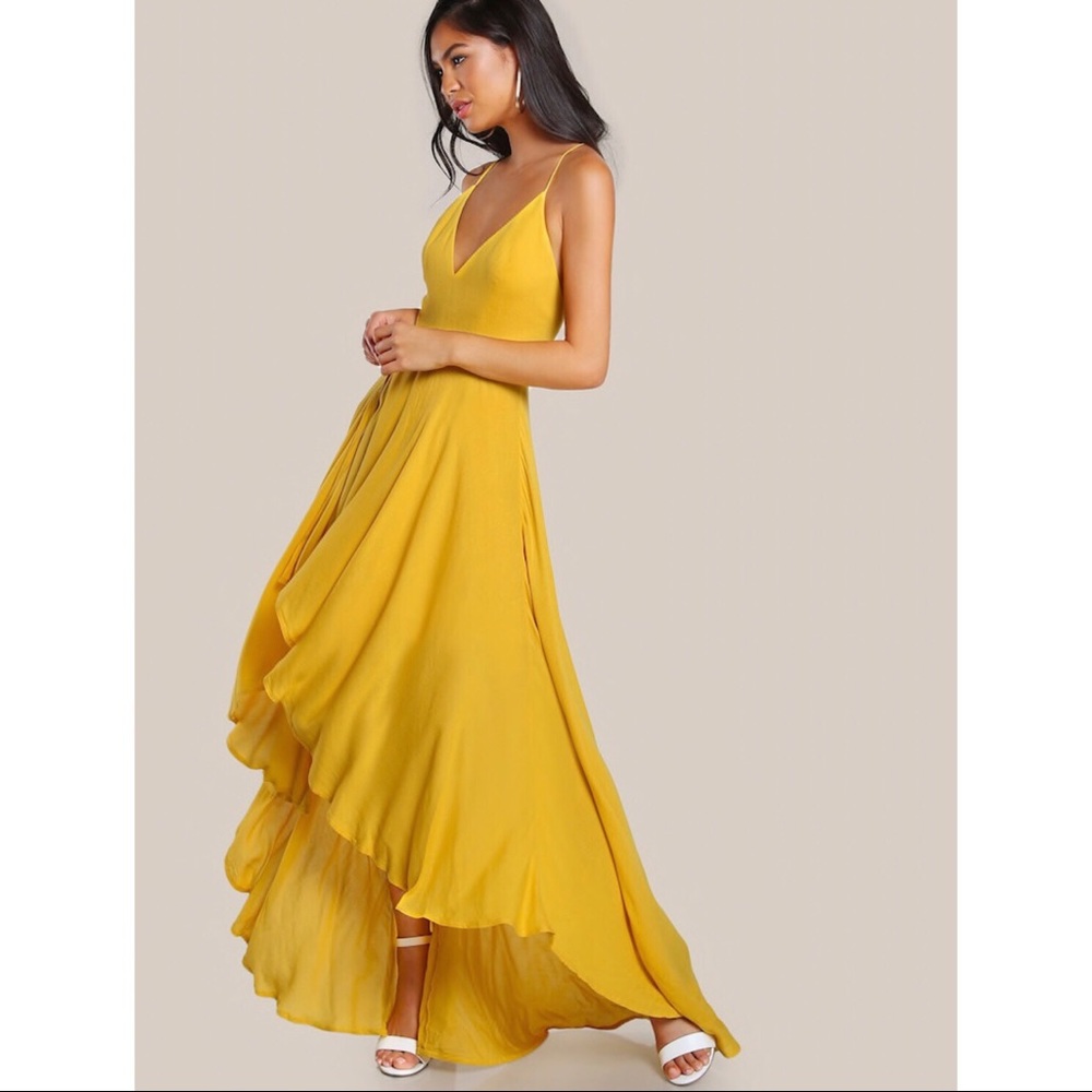 Mustard Yellow Strappy High Low Dress SHEIN
